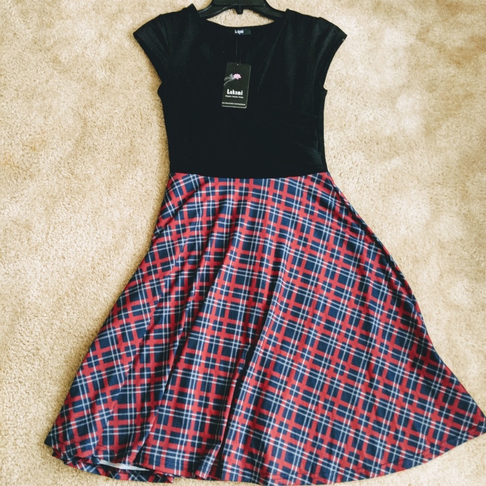 Knee length skater style plaid dress